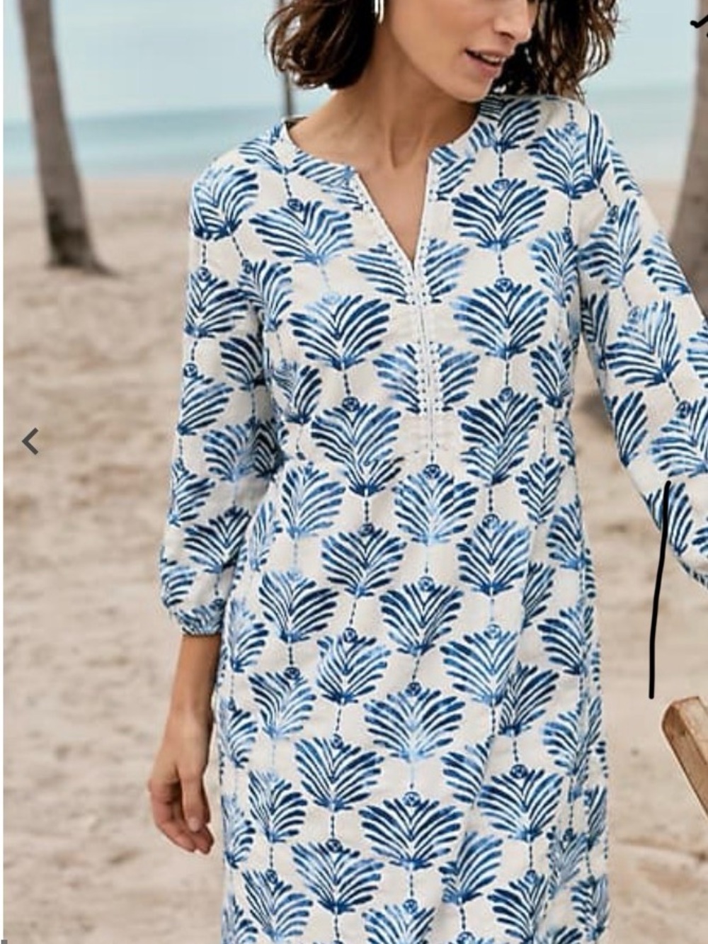J. Jill White Midi Dress with Blue Palm Motif /Split Neckline